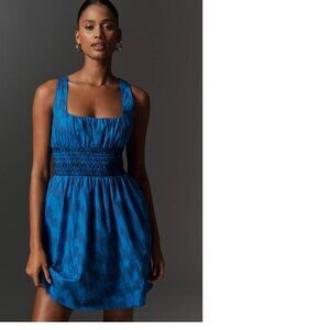 Anthropologie Maeve Sleeveless Square-Neck Smocked Mini Dress L blue NEW NWT